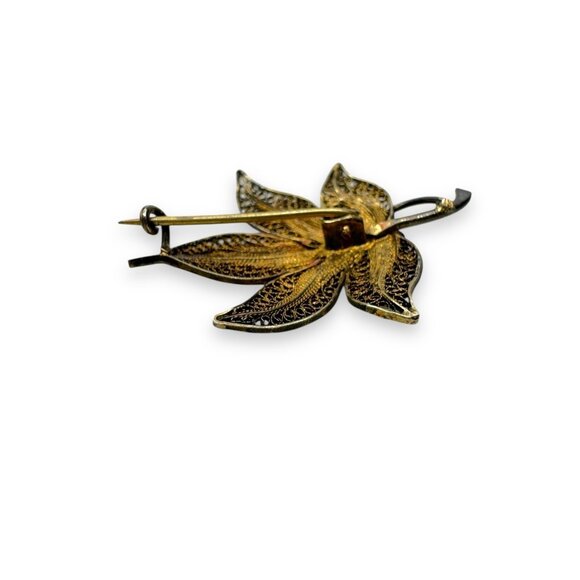 Vintage Filigree Leaf Brooch Pin Gold Vermeil Sterling Silver 2.21g - Picture 6 of 8
